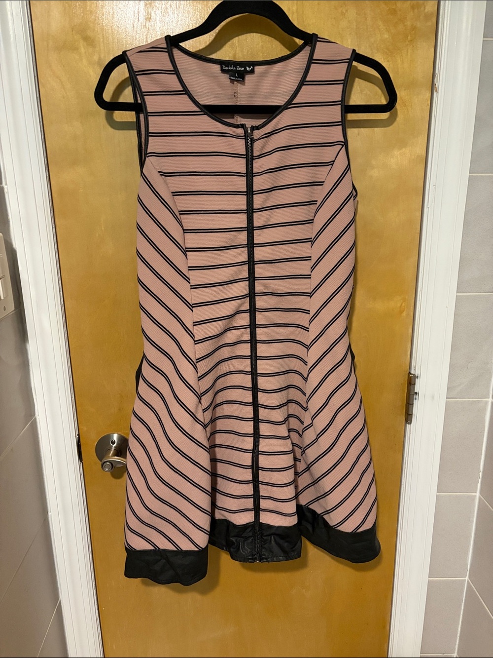 Pink and Black Striped A-Line Dress with Front Zip and Pockets